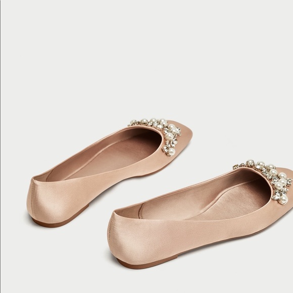 NWT Zara Nude Blush Jeweled Satin Ballerina Flats - Picture 2 of 7